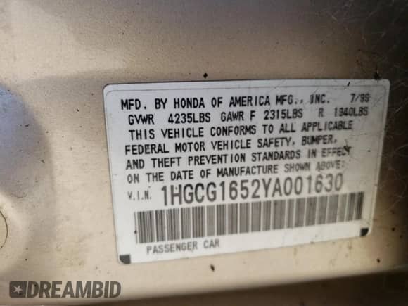 2000 Honda Accord EX с VIN 1HGCG1652YA001630, выставлен на аукционе Copart как лот 67873005 с пробегом 198 250 миль миль и Чистый • Clean title. История ставок и продаж доступна на DreamBid. Изображение 12.