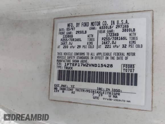 1997 Ford F-150 с VIN 1FTEF17W2VND15428, выставлен на аукционе IAAI как лот 43097744 с пробегом 324 586 миль миль и . История ставок и продаж доступна на DreamBid. Изображение 9.