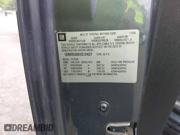 2009 Chevrolet Traverse LTZ with VIN 1GNER33DX9S124927, listed as a IAAI auction lot 42192814 with 185,302 mi miles and . Bid and sale history available at DreamBid. Image 9.