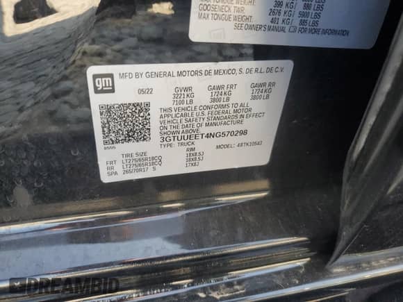 2022 GMC Sierra 1500 AT4 с VIN 3GTUUEET4NG570298, выставлен на аукционе Copart как лот 80994865 с пробегом 48 867 миль миль и Чистый • Clean title. История ставок и продаж доступна на DreamBid. Изображение 12.