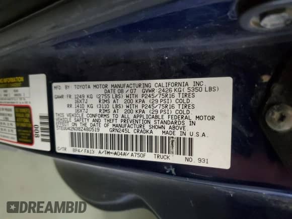 2008 Toyota Tacoma с VIN 5TEUU42N38Z480519, выставлен на аукционе Copart как лот 67046255 с пробегом 147 917 миль миль и Чистый • Clean title. История ставок и продаж доступна на DreamBid. Изображение 12.