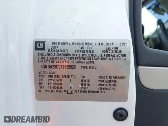 2007 Chevrolet HHR LT с VIN 3GNDA23D97S605928, выставлен на аукционе IAAI как лот 43248898 с пробегом 140 620 миль миль и . История ставок и продаж доступна на DreamBid. Изображение 9.
