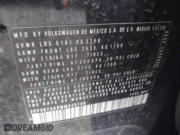 2021 Volkswagen Tiguan SE with VIN 3VV3B7AX8MM045106, listed as a IAAI auction lot 42615167 with 94,729 mi miles and . Bid and sale history available at DreamBid. Image 9.