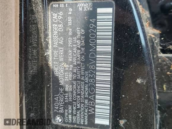 1997 BMW 7 Series 740iL with VIN WBAGJ8328VDM00294, listed as a Copart auction lot 64585595 with Not provided miles and Clean title. Bid and sale history available at DreamBid. Image 12.