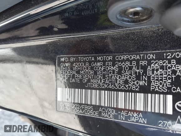 2006 Toyota Camry STD с VIN JTDBE32K463063782, выставлен на аукционе IAAI как лот 42607021 с пробегом 140 822 миль миль и . История ставок и продаж доступна на DreamBid. Изображение 9.