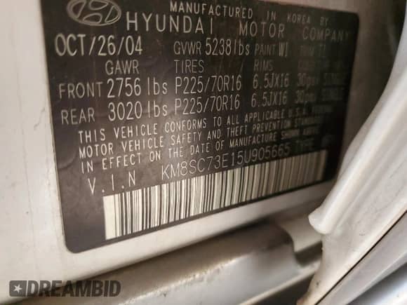 2005 Hyundai Santa Fe GLS with VIN KM8SC73E15U905665, listed as a Copart auction lot 49176175 with 151,895 mi miles and Salvage title. Bid and sale history available at DreamBid. Image 13.