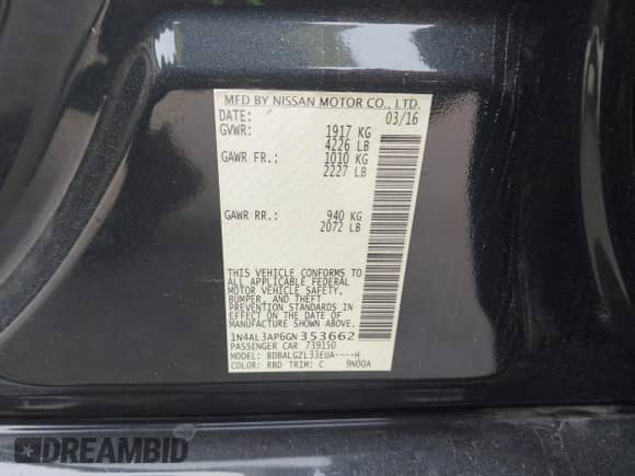 2016 Nissan Altima S with VIN 1N4AL3AP6GN353662, listed as a IAAI auction lot 43145193 with 96,344 mi miles and . Bid and sale history available at DreamBid. Image 9.