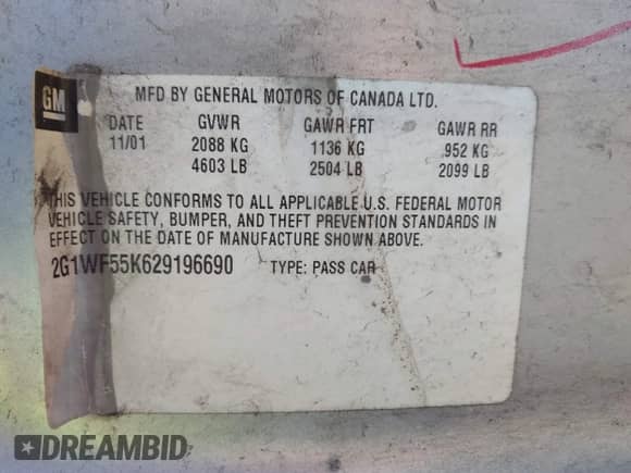 2002 Chevrolet Impala z VIN 2G1WF55K629196690, wystawiony jako IAAI lot #41552174 z przebiegiem 229 840 mil mil oraz . Historia ofert i sprzedaży dostępna na DreamBid. Obrazek 9.