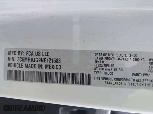 2022 Ram ProMaster Cargo с VIN 3C6MRVJG9NE121583, выставлен на аукционе IAAI как лот 41646097 с пробегом 67 468 миль миль и . История ставок и продаж доступна на DreamBid. Изображение 9.