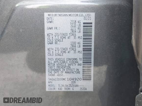 2021 Nissan Murano Platinum with VIN 5N1AZ2DJ0MC104920, listed as a IAAI auction lot 42112070 with 92,848 mi miles and . Bid and sale history available at DreamBid. Image 9.