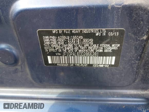 2013 Subaru Impreza Special Sports Premium z VIN JF1GPAL60D2866281, wystawiony jako IAAI lot #43319230 z przebiegiem 89 220 mil mil oraz . Historia ofert i sprzedaży dostępna na DreamBid. Obrazek 9.