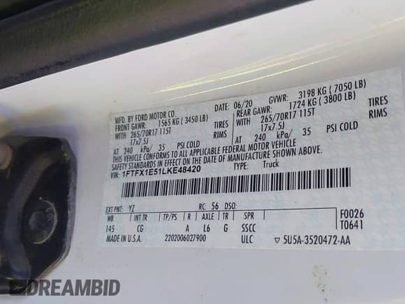 2020 Ford F-150 XL with VIN 1FTFX1E51LKE48420, listed as a IAAI auction lot 42624128 with 82,810 mi miles and . Bid and sale history available at DreamBid. Image 9.