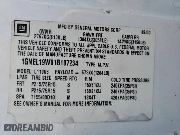 2001 Chevrolet Astro с VIN 1GNEL19W01B107234, выставлен на аукционе Copart как лот 64894784 с пробегом 190 292 миль миль и Чистый • Clean title. История ставок и продаж доступна на DreamBid. Изображение 13.