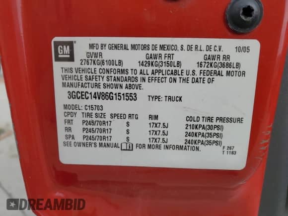 2006 Chevrolet Silverado 1500 Work Truck с VIN 3GCEC14V86G151553, выставлен на аукционе Copart как лот 52284265 с пробегом 122 016 миль миль и Списание • Salvage title. История ставок и продаж доступна на DreamBid. Изображение 12.
