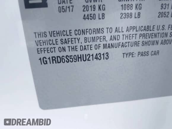 2017 Chevrolet Volt Premier z VIN 1G1RD6S59HU214313, wystawiony jako IAAI lot #43493214 z przebiegiem 71 124 mil mil oraz . Historia ofert i sprzedaży dostępna na DreamBid. Obrazek 9.