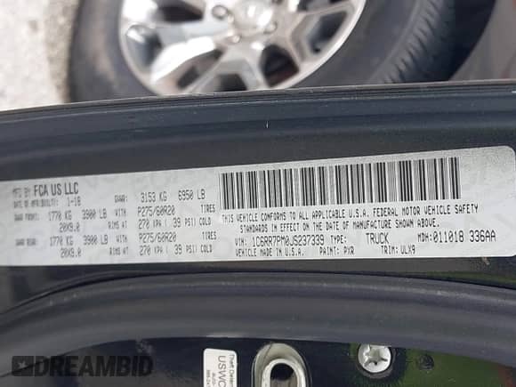 2018 Ram 1500 Longhorn with VIN 1C6RR7PM0JS237339, listed as a IAAI auction lot 43241610 with 62,327 mi miles and . Bid and sale history available at DreamBid. Image 9.