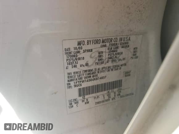 2004 Ford F-150 XLT z VIN 1FTPW14504KB14857, wystawiony jako Copart lot #46988345 z przebiegiem 149 769 mil mil oraz Czysty tytuł • Clean title. Historia ofert i sprzedaży dostępna na DreamBid. Obrazek 12.