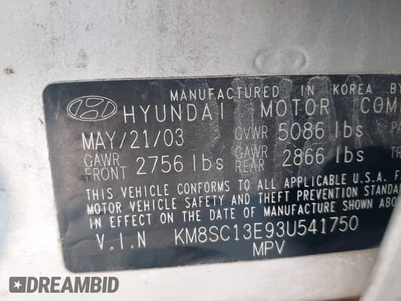 2003 Hyundai Santa Fe GLS z VIN KM8SC13E93U541750, wystawiony jako IAAI lot #42200817 z przebiegiem 174 842 mil mil oraz . Historia ofert i sprzedaży dostępna na DreamBid. Obrazek 9.