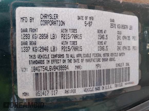 1997 Dodge Grand Caravan with VIN 1B4GT54L6VB439994, listed as a IAAI auction lot 42206857 with 242,219 mi miles and . Bid and sale history available at DreamBid. Image 9.