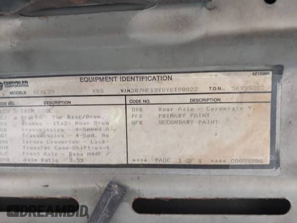 2000 Dodge 1500 z VIN 3B7HF13Y0YG108022, wystawiony jako IAAI lot #42515184 z przebiegiem 106 492 mil mil oraz . Historia ofert i sprzedaży dostępna na DreamBid. Obrazek 9.