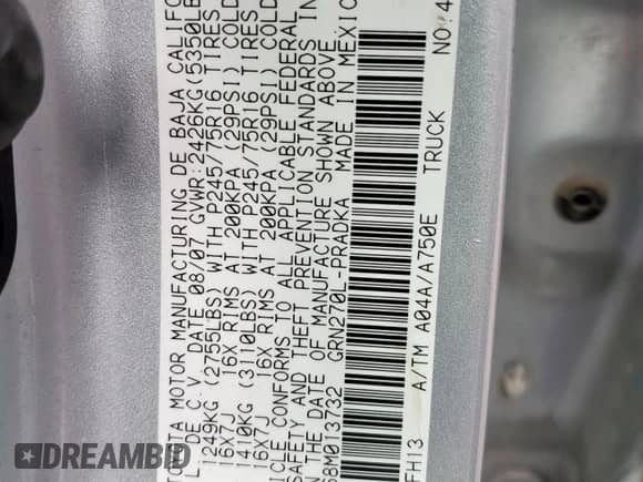 2008 Toyota Tacoma PreRunner with VIN 3TMKU72N68M013732, listed as a Copart auction lot 85378045 with 131,719 mi miles and Salvage title. Bid and sale history available at DreamBid. Image 12.