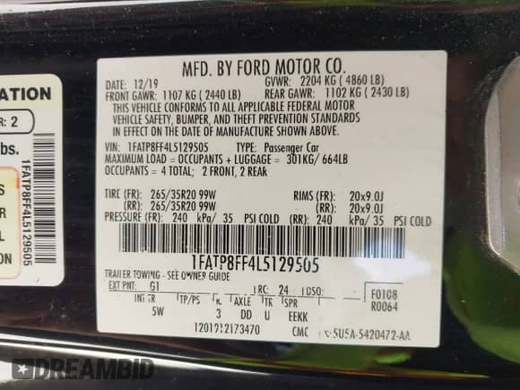 2020 Ford Mustang GT Premium с VIN 1FATP8FF4L5129505, выставлен на аукционе IAAI как лот 42764478 с пробегом 71 197 миль миль и . История ставок и продаж доступна на DreamBid. Изображение 9.