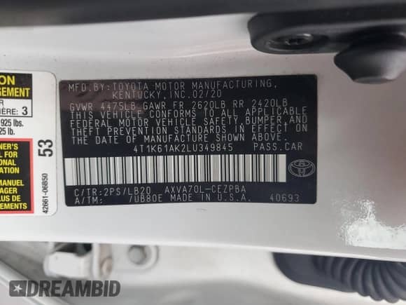 2020 Toyota Camry XSE z VIN 4T1K61AK2LU349845, wystawiony jako Copart lot #84060235 z przebiegiem 38 633 mil mil oraz Szkoda całkowita • Salvage title. Historia ofert i sprzedaży dostępna na DreamBid. Obrazek 13.