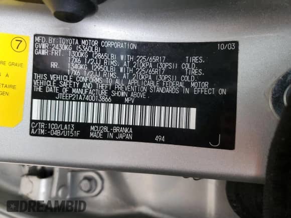 2004 Toyota Highlander z VIN JTEEP21A740013866, wystawiony jako Copart lot #43599975 z przebiegiem 153 819 mil mil oraz Szkoda całkowita • Salvage title. Historia ofert i sprzedaży dostępna na DreamBid. Obrazek 12.