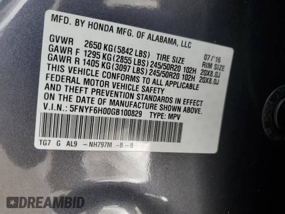2016 Honda Pilot Elite с VIN 5FNYF6H00GB100829, выставлен на аукционе Copart как лот 90035285 с пробегом 123 274 миль миль и Списание • Salvage title. История ставок и продаж доступна на DreamBid. Изображение 13.
