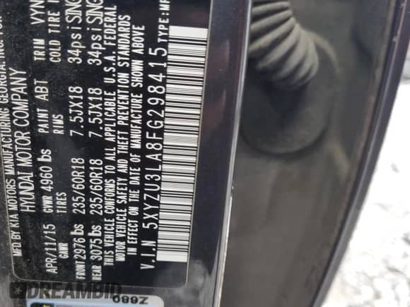 2015 Hyundai Santa Fe с VIN 5XYZU3LA8FG298415, выставлен на аукционе Copart как лот 56180645 с пробегом 181 723 миль миль и Списание • Salvage title. История ставок и продаж доступна на DreamBid. Изображение 12.