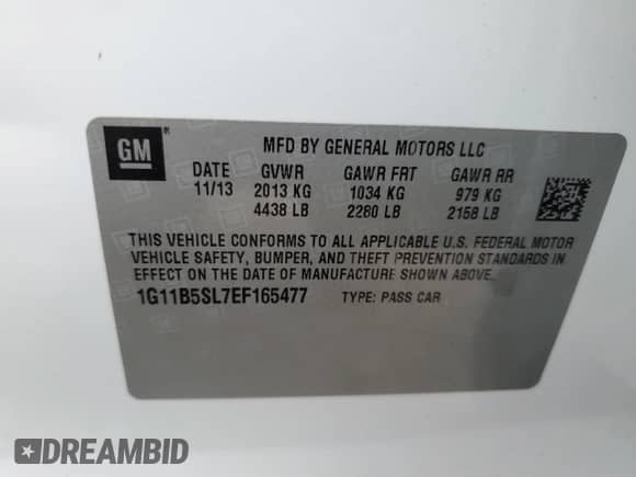 2014 Chevrolet Malibu LS с VIN 1G11B5SL7EF165477, выставлен на аукционе Copart как лот 82286215 с пробегом 155 296 миль миль и Списание • Salvage title. История ставок и продаж доступна на DreamBid. Изображение 12.