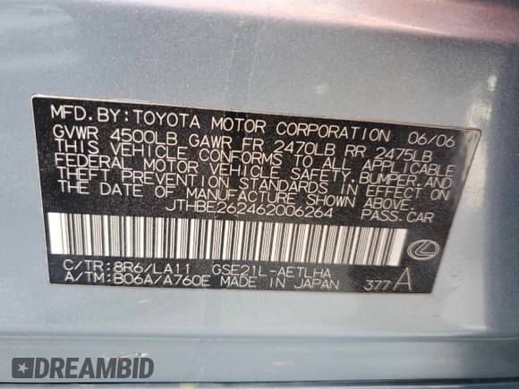 2006 Lexus IS 350 with VIN JTHBE262462006264, listed as a Copart auction lot 81699375 with Not provided miles and Salvage title. Bid and sale history available at DreamBid. Image 12.