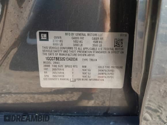 2016 Chevrolet Colorado 4WD WT with VIN 1GCGTBE32G1342834, listed as a IAAI auction lot 43345532 with 138,162 mi miles and . Bid and sale history available at DreamBid. Image 9.