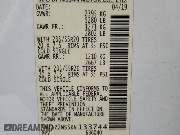 2019 Nissan Murano SL with VIN 5N1AZ2MS5KN133744, listed as a Copart auction lot 62404175 with 43,004 mi miles and Clean title. Bid and sale history available at DreamBid. Image 13.