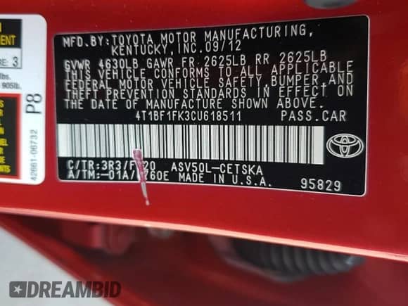 2012 Toyota Camry SE with VIN 4T1BF1FK3CU618511, listed as a Copart auction lot 68449325 with 137,174 mi miles and Salvage title. Bid and sale history available at DreamBid. Image 12.