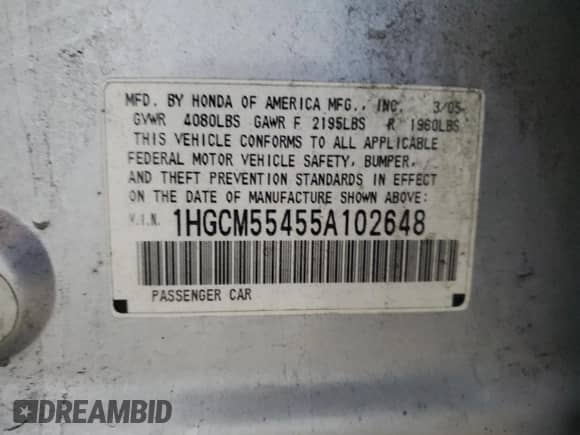 2005 Honda Accord LX with VIN 1HGCM55455A102648, listed as a Copart auction lot 85586495 with 215,817 mi miles and Salvage title. Bid and sale history available at DreamBid. Image 12.