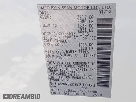 2019 Nissan Pathfinder SV with VIN 5N1DR2MM8KC621063, listed as a IAAI auction lot 42139694 with 129,656 mi miles and . Bid and sale history available at DreamBid. Image 9.