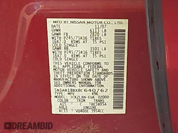 2008 Nissan Pathfinder SE z VIN 5N1AR18BX8C640762, wystawiony jako IAAI lot #42778971 z przebiegiem 147 101 mil mil oraz . Historia ofert i sprzedaży dostępna na DreamBid. Obrazek 9.