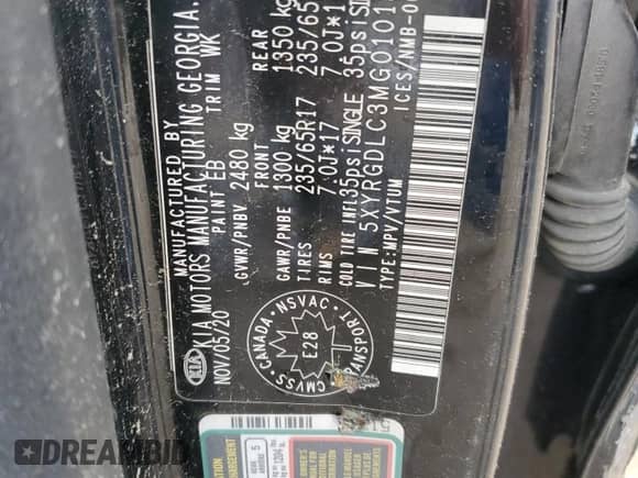 2021 Kia Sorento LX z VIN 5XYRGDLC3MG010134, wystawiony jako Copart lot #55835125 z przebiegiem Nie podano mil oraz Szkoda całkowita • Salvage title. Historia ofert i sprzedaży dostępna na DreamBid. Obrazek 14.