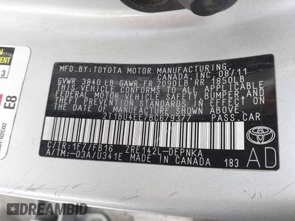 2011 Toyota Corolla S with VIN 2T1BU4EE7BC679377, listed as a IAAI auction lot 42962311 with Not provided miles and . Bid and sale history available at DreamBid. Image 9.