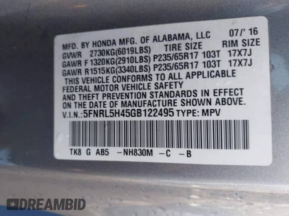 2016 Honda Odyssey EX with VIN 5FNRL5H45GB122495, listed as a IAAI auction lot 43413804 with 185,557 mi miles and . Bid and sale history available at DreamBid. Image 9.