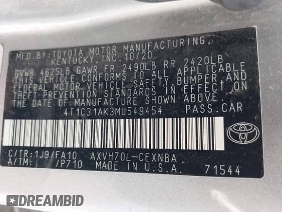 2021 Toyota Camry Hybrid LE with VIN 4T1C31AK3MU549454, listed as a IAAI auction lot 43138660 with 144,272 mi miles and . Bid and sale history available at DreamBid. Image 9.