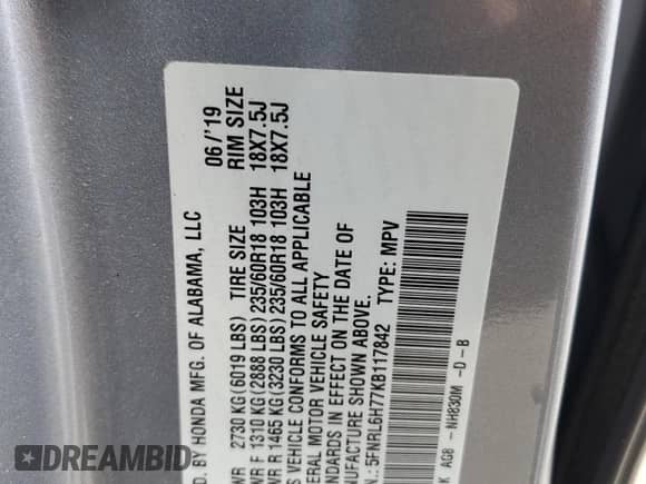 2019 Honda Odyssey EX-L with VIN 5FNRL6H77KB117842, listed as a Copart auction lot 68346585 with 60,530 mi miles and Clean title. Bid and sale history available at DreamBid. Image 13.