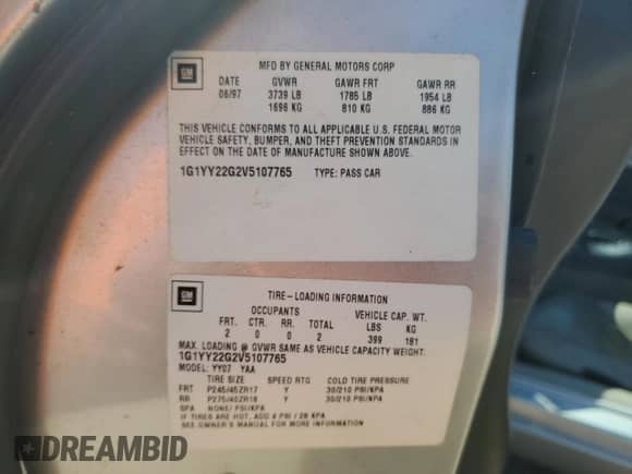 1997 Chevrolet Corvette с VIN 1G1YY22G2V5107765, выставлен на аукционе Copart как лот 81131495 с пробегом 121 484 миль миль и На запчасти • Non repairable. История ставок и продаж доступна на DreamBid. Изображение 12.