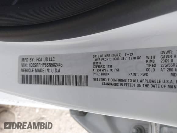 2025 Ram 1500 Limited z VIN 1C6SRFHP8SN582445, wystawiony jako IAAI lot #41884206 z przebiegiem 13 460 mil mil oraz . Historia ofert i sprzedaży dostępna na DreamBid. Obrazek 9.