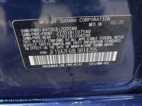 2020 Subaru WRX STI with VIN JF1VA2E68L9814205, listed as a IAAI auction lot 43201736 with 62,329 mi miles and . Bid and sale history available at DreamBid. Image 9.