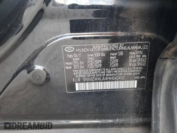 2017 Hyundai Santa Fe Ultimate with VIN 5NMZW4LA4HH042457, listed as a Copart auction lot 85176745 with 78,682 mi miles and Salvage title. Bid and sale history available at DreamBid. Image 14.