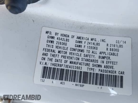 2014 Honda Accord Touring z VIN 1HGCR6F7XEA003663, wystawiony jako IAAI lot #41327750 z przebiegiem 162 513 mil mil oraz . Historia ofert i sprzedaży dostępna na DreamBid. Obrazek 9.