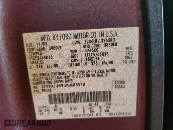 2004 Ford F-150 XLT with VIN 1FTPX14594NA85578, listed as a Copart auction lot 81821625 with 118,850 mi miles and Salvage title. Bid and sale history available at DreamBid. Image 12.