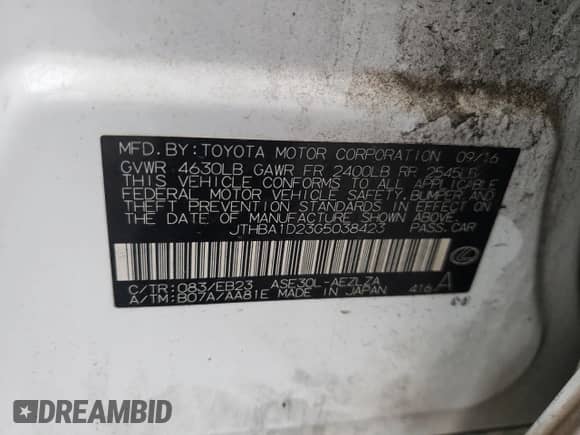 2016 Lexus IS 200t с VIN JTHBA1D23G5038423, выставлен на аукционе Copart как лот 60254825 с пробегом 127 512 миль миль и Списание • Salvage title. История ставок и продаж доступна на DreamBid. Изображение 12.